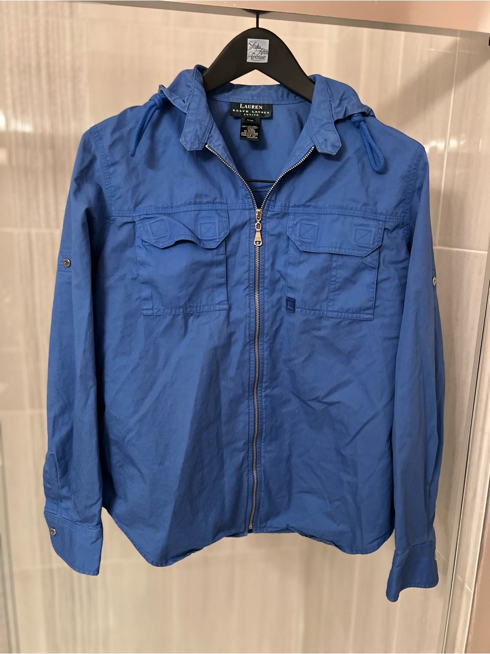 Lauren Ralph Lauren Petite Blue 100% Cotton Hooded Zip Utility Jacket Shirt P/M